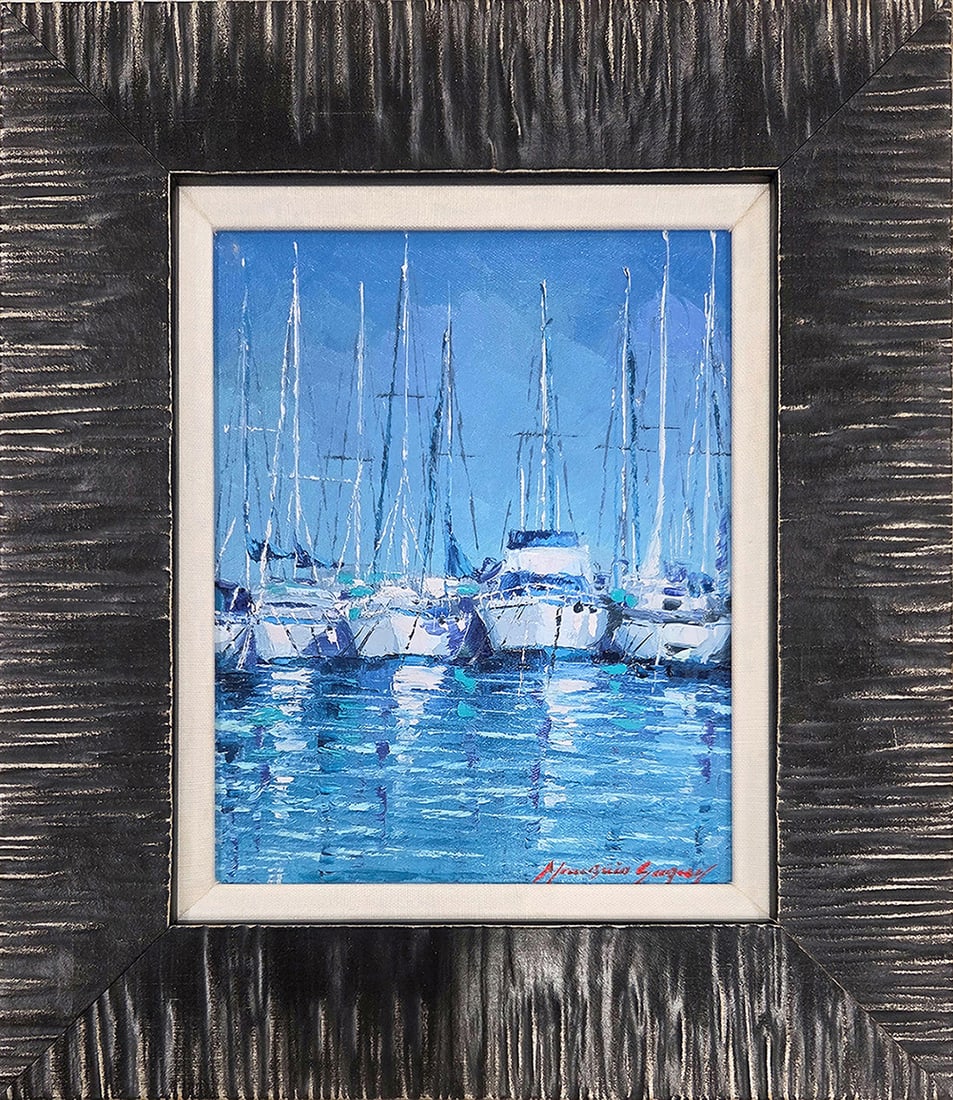 Mauricio Garay Original Painting Marina XXXIII Framed: Mauricio Garay. Marina XXXIII. Original oil painting on canvas. Canvas Size 8 x 10 inches. This piece has been professionally matted and framed using all new materials. Mauricio Garay began to arouse 