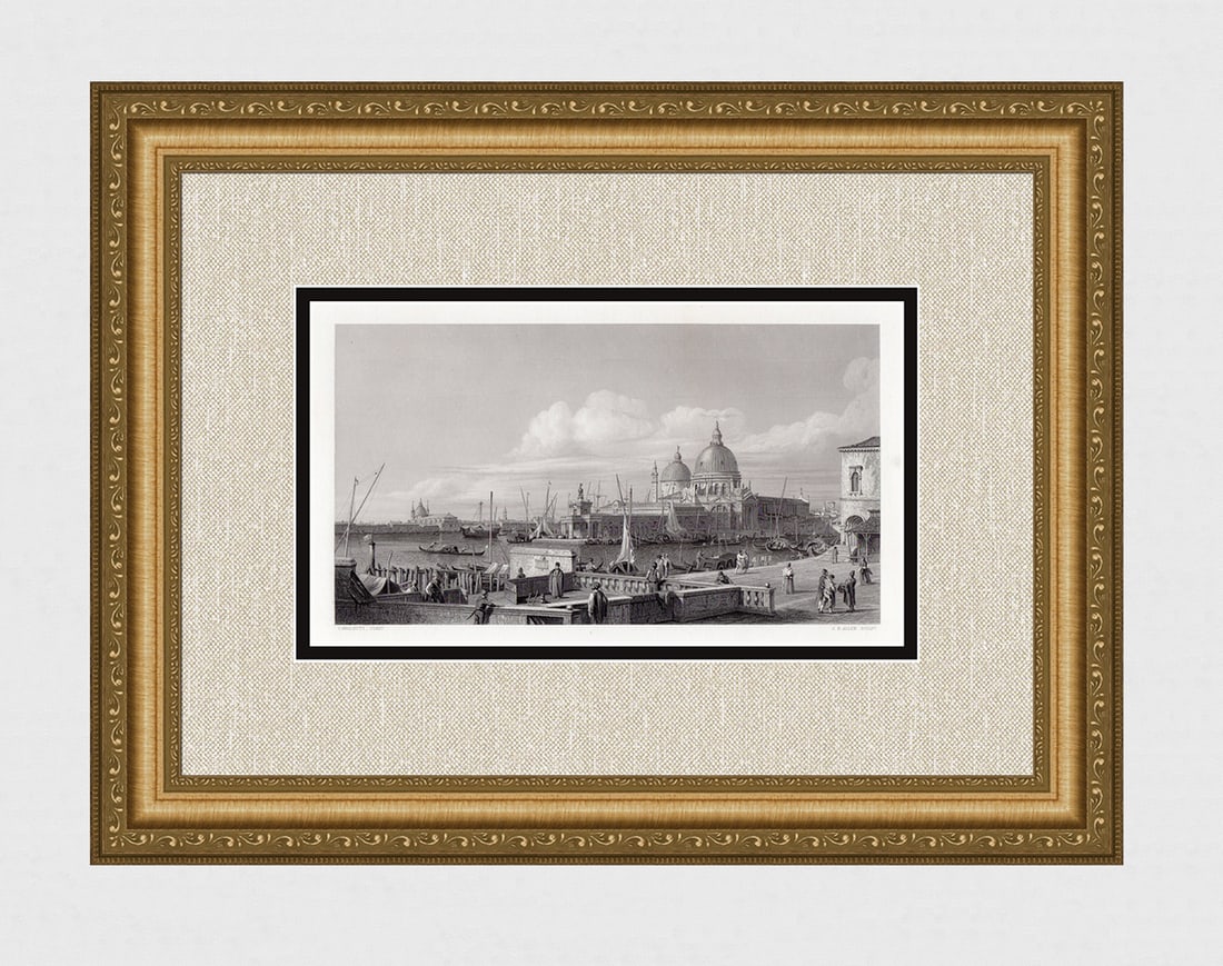 Canaletto 1855 Engraving The DoganaVenice signed Framed: Canaletto (Giovanni Antonio Canal) (Italian, 1697 - 1768). The Dogana, Venice. Antique engraving on wove paper after the original oil on canvas by master engraver James Baylis Allen (English, 1803-187