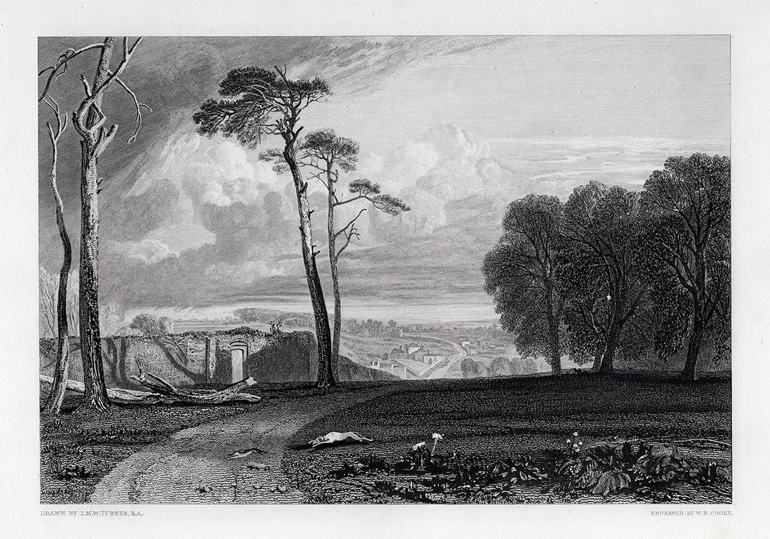 1800s WILLIAM TURNER Engraving The Hound Chasing the Hare FRAMED Signed: Joseph Mallord William Turner (English, 1775-1851). Battle Abbey (Battle Sussex, the Spot Where Harold Fell). Antique engraving on wove paper after the original by master engraver William Bernard Cook