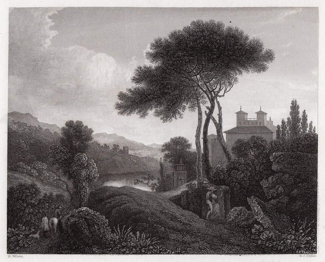 Richard Wilson Landscape 1834 Engraving Signed: Richard Wilson. Landscape. Antique engraving on thick wove paper after the original by master engraver William Joseph Taylor (1802 - 1885). 1834. Signed in the plate. Image Size 5 1/8 x 6 1/4 inches. 