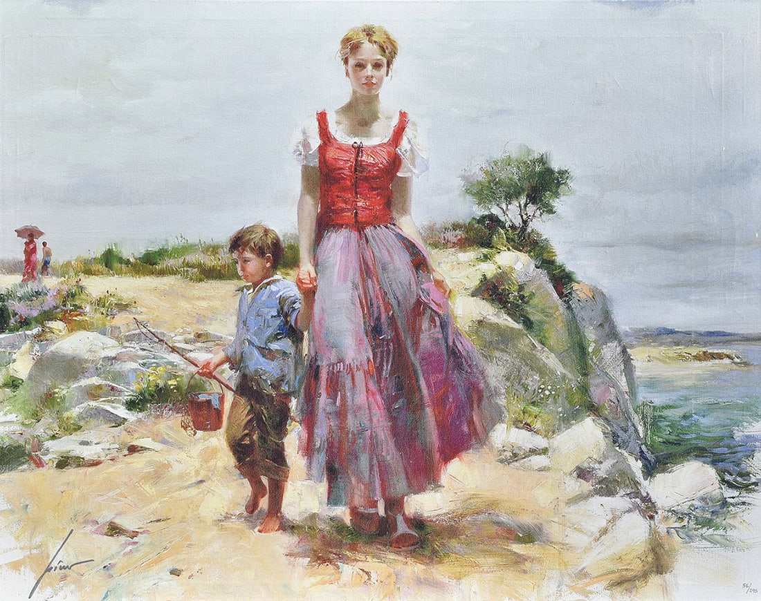 Pino Limited edition Giclee on Canvas The Gathering Signed Numbered: Giuseppe Pino Dangelico (1939-2010). Cliffside Retreat. Limited edition giclee on canvas. Signed lower left and numbered lower right. Numbered from 295. Image size 32 x 40 inches. Giuseppe Pino Dangel
