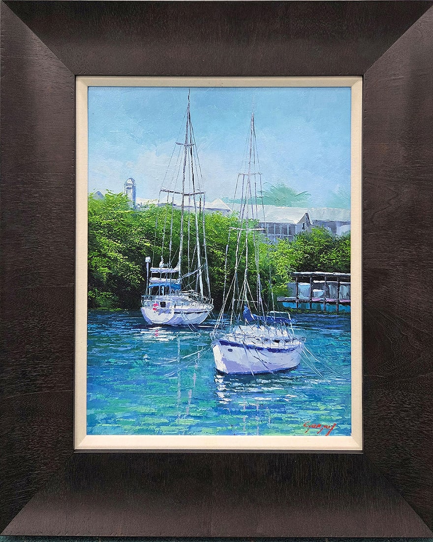 Mauricio Garay Original Painting Marina XXXVII Framed: Mauricio Garay. Marina XXXVII. Original oil painting on canvas. Canvas Size 16 x 20 inches. This piece has been professionally matted and framed using all new materials. Mauricio Garay began to arouse