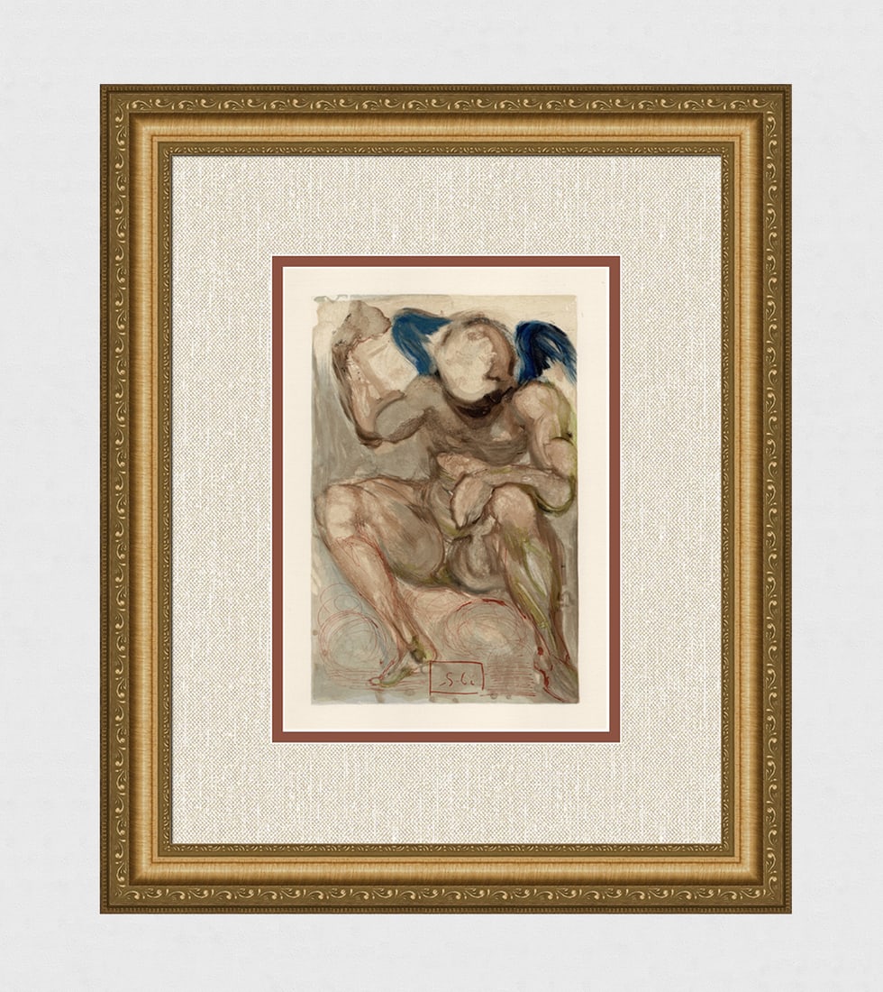 1960 Salvador Dali Envy Authentic Woodcut Signed: Salvador Dali. (1904-1989). "Envy" Purgatory Canto 15. Block Engraved Signature. Authentic Original Color Woodcut from The Divine Comedy Printed in 1960 on B.F.K. Rives Paper ( this is not a reproduct