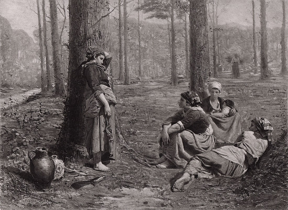 Pierre Billet Wood Gatherers print signed: Pierre Billet. (French, 1837-1922). Wood Gatherers. Antique Heliogravure on wove paper after the original by a Master Engraver. 1875. Signed in the plate, lower left. Excellent. Image size 7 1/8 x 9 5