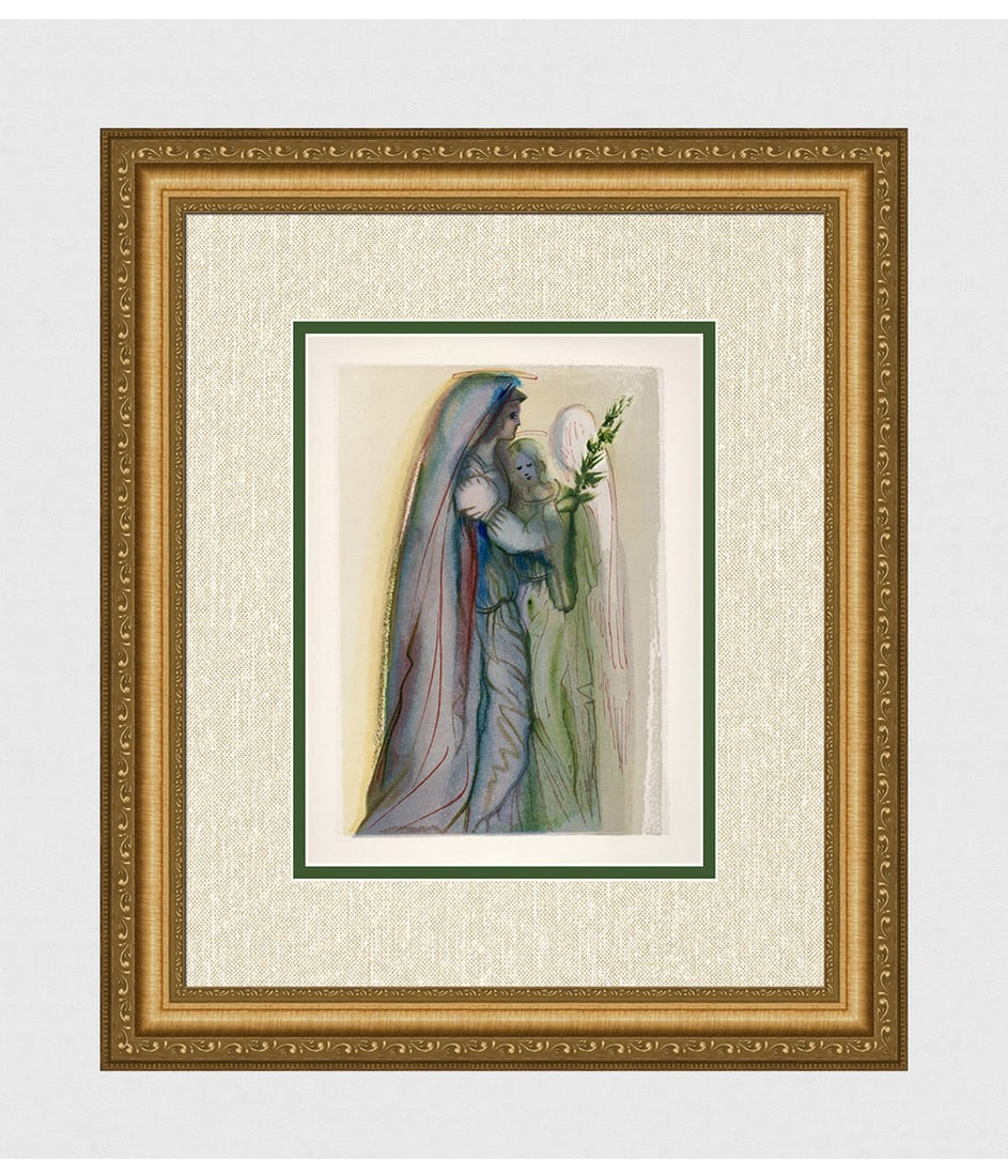 1960 Salvador Dali Final Prayer Woodcut: Salvador Dali. (1904-1989). "Preparation for the Final Prayer" Paradise Canto 32. Authentic Original Color Woodcut from The Divine Comedy Printed in 1960 on B.F.K. Rives Paper ( this is not a reproduc