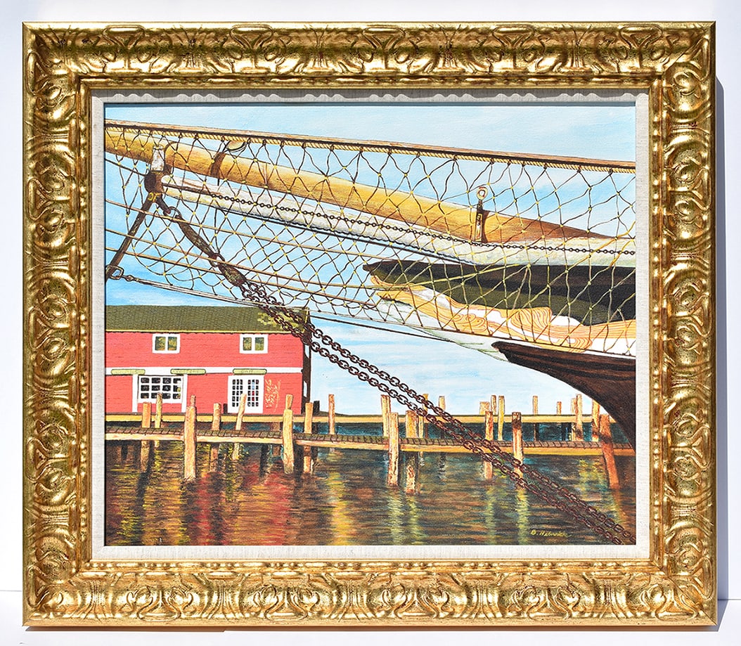 Barbara Heinrichs Original Painting New England Harbor Framed: Barbara Heinrichs ( American). New England Harbor. Original Oil on Canvas. Signed by the artist lower right. Canvas Size 20 x 24 inches. Framed dimensions c. 26 1/4 x 30 1/4 inches. This piece has bee