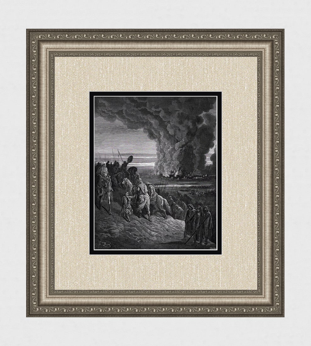 1800s Gustave Dore Biblical Wood Engraving Victory Framed SIGNED: Gustave Dore (Paul Gustave Louis Christophe Dore) (French, 1832-1883). Joshua Burns Down the Town of AI (From Dore's Bible). Antique Wood Engraving on wove paper after the original by a master wood en