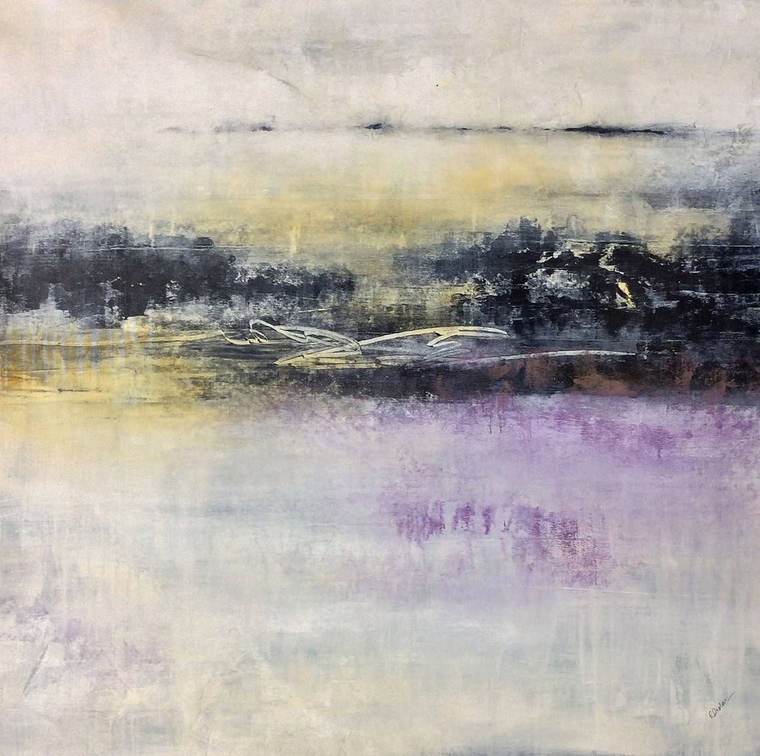 Mixed Media Painting Rikki Drotar Modern Abstract Distant Mountains 50 x 50 inches: Rikki Drotar. Hidden Melody. Original Mixed Media Acrylic on Canvas. Signed by the artist lower right. Canvas Size 50 x 50 inches. Rikki Drotar, on becoming an artist: I was born in southern Idaho