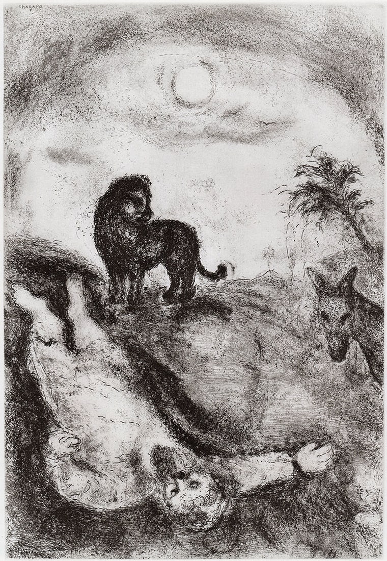 Marc Chagall 1956 Antique Print Prophet Killed by a Lion Gallery Framed: Marc Chagall (1887-1985). Prophet Killed by a Lion. Antique Black and White Heliogravure on wove paper. Year: 1956. Teriade. Draeger Freres. Limited to 6500 Examples. Sheet 10 1/4 x 14 inches. Framed
