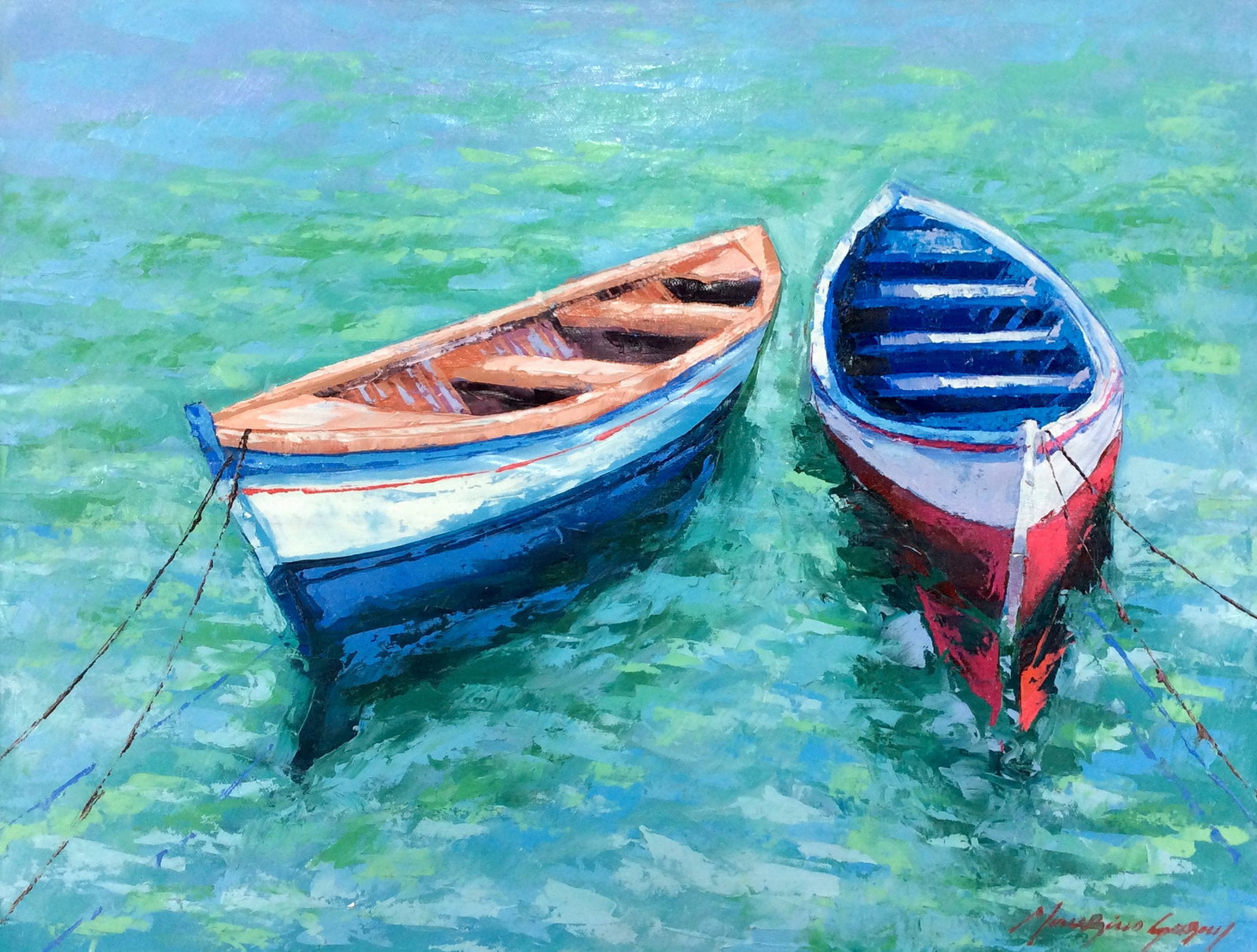 Mauricio Garay Original Painting Ready to Go Framed: Mauricio Garay. Boats of Color X. Original oil painting on canvas. Canvas Size 22 x 16 inches. This piece has been professionally matted and framed using all new materials. Mauricio Garay began to