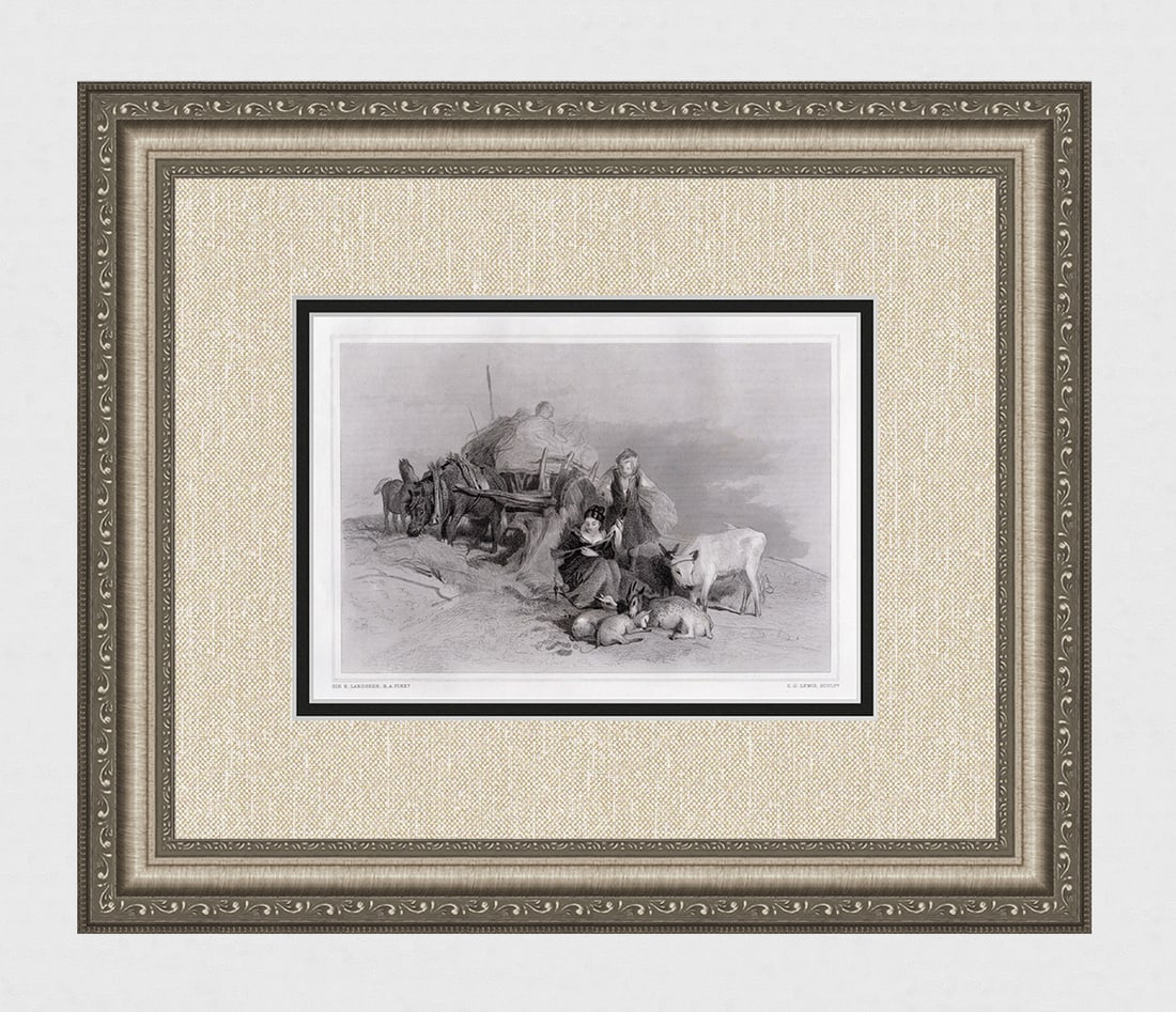 Sir Edwin Henry Landseer 1876 engraving Harvest Time in the Scottish Highlands signed: Sir Edwin Henry Landseer. (English, 1802-1873). Harvest Time in the Scottish Highlands. Antique Steel Engraving on wove paper after the original by Master Engraver Charles George Lewis (1808-1880).