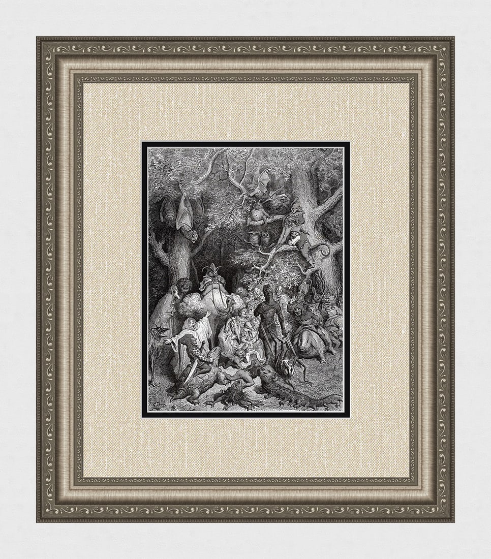 Gustave Dore 1800s Woodcut Ruggiero with the Monsters Signed Framed: Gustave Dore (Paul Gustave Louis Christophe Dore )(French, 1832-1883). A group of Monsters wants to compel Ruggiero to enter Alcinas city. (From Orlando Furioso). Antique woodcut on wove paper after