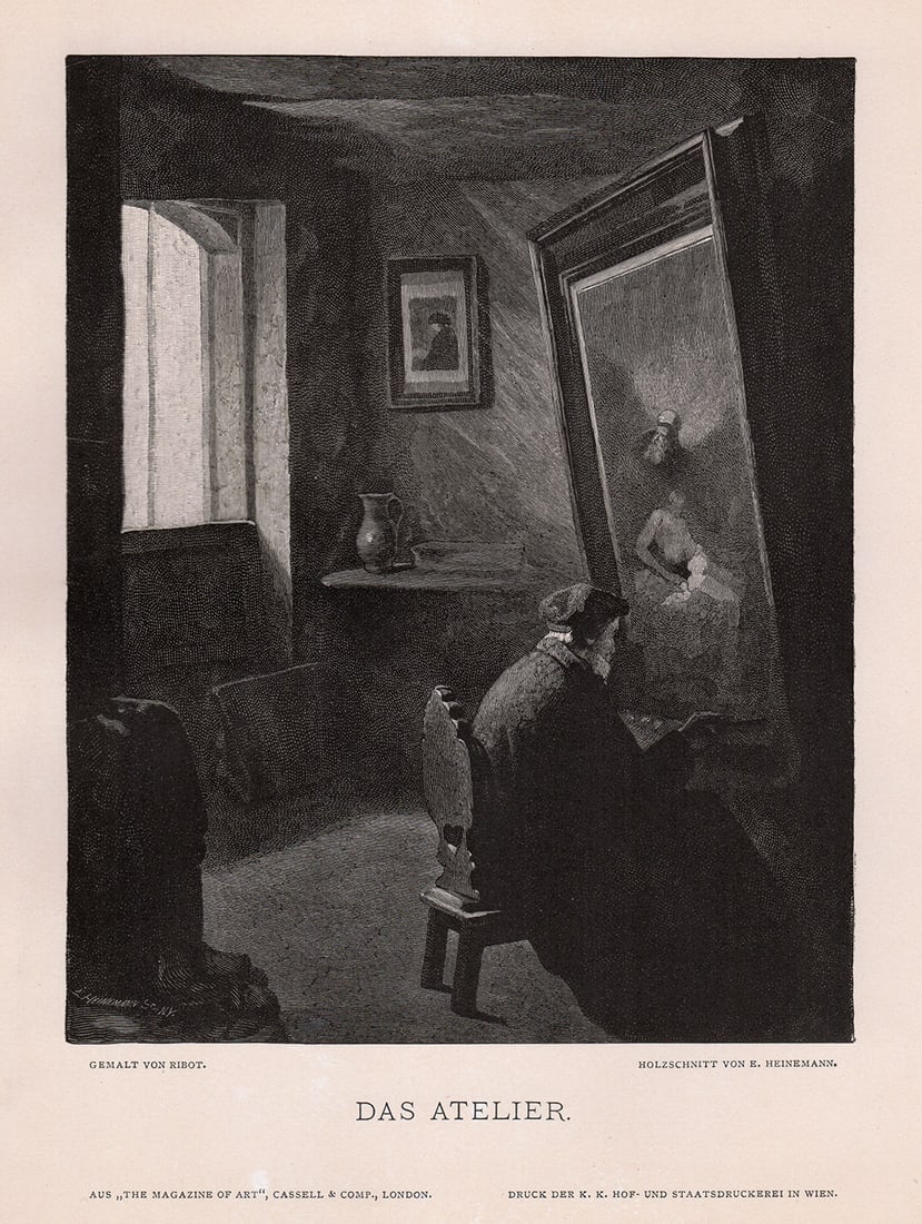 Theodule-Augustin Ribot (French, 1823 - 1891) 1887 woodcut Das Atelier (The Atelier) signed: Theodule-Augustin Ribot (French, 1823 - 1891). Das Atelier (The Atelier). Antique woodcut on wove paper after the original painting by a Master Wood Engraver. 1887. Signed in the plate. Excellent.