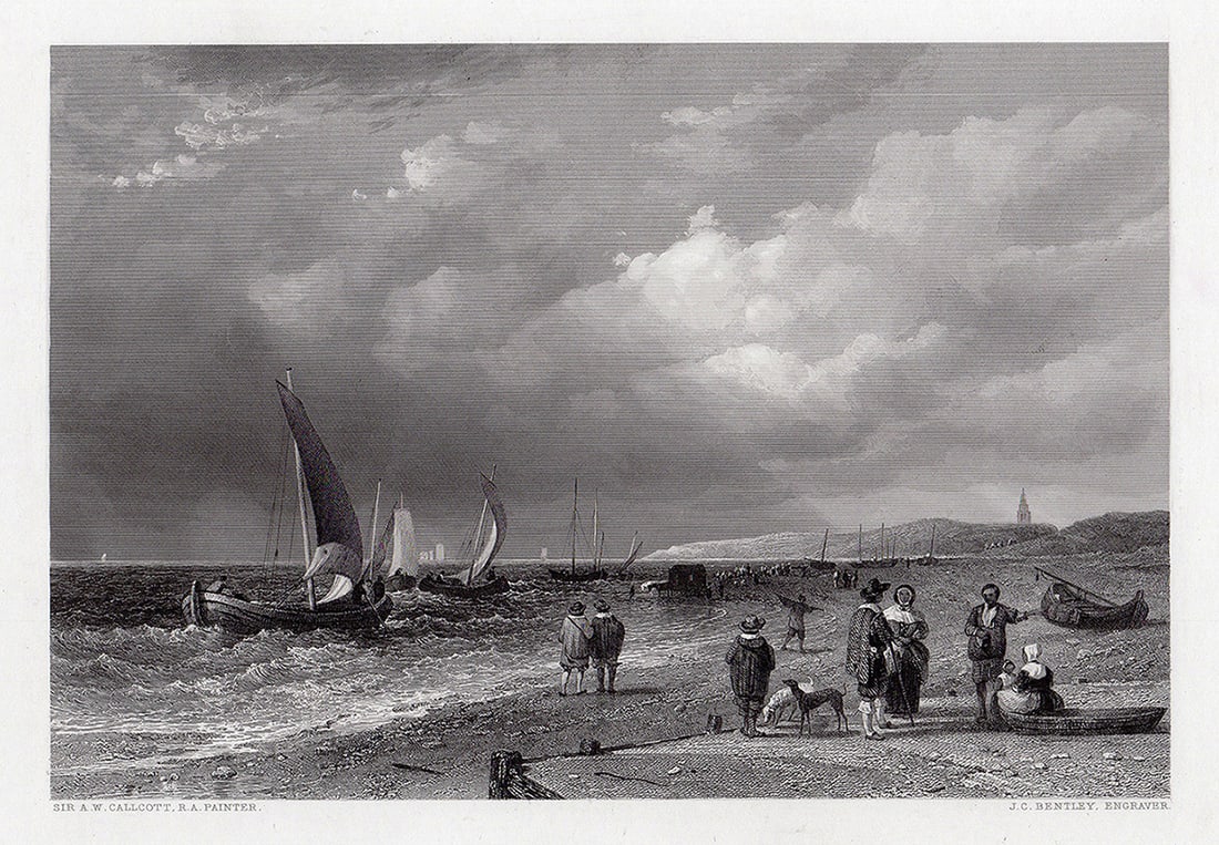 John Callcott Horsley 1800s Engraving "Sea-Shore in Holland" Signed FRAMED: John Callcott Horsley (English, 1817 - 1903). Sea-Shore in Holland. Antique engraving on wove paper after the original by master engraver Joseph Clayton Bentley (English, 1809-1851). Year: 1852.