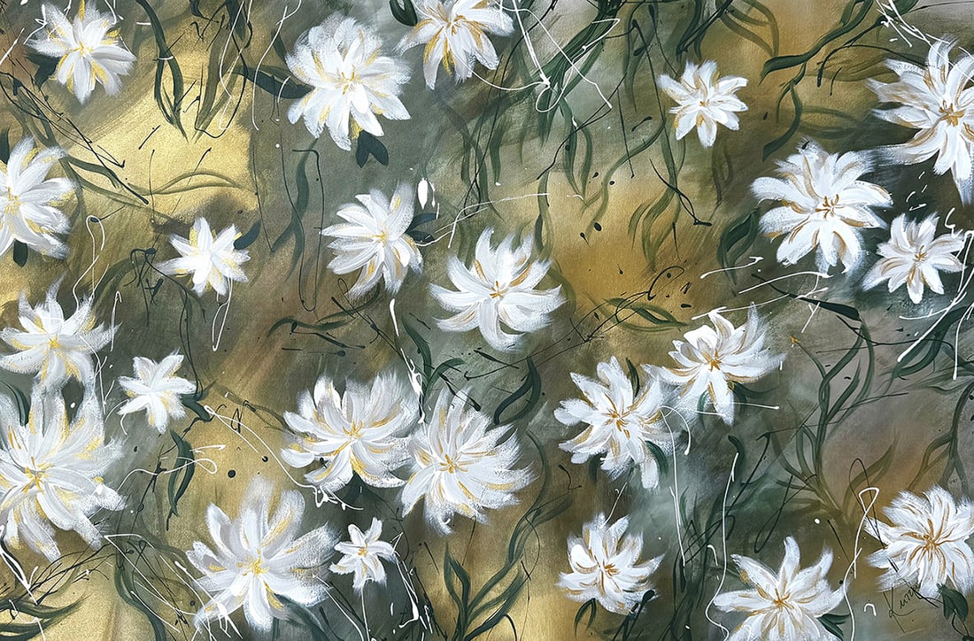 Kierra Maillette Original Painting Vibrant Floral 24 x 36 inches: Kierra Maillette (1997 - ). Petals in Golden Light. Original Acrylic painting on canvas. Signed lower left. Canvas Size 24 x 26 inches. Kierra Maillette (1997 - ), born in Chicago, IL, has had a