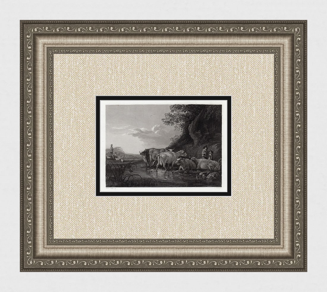 Aelbert Cuyp The Shepherd's Watch engraving signed: Aelbert Cuyp. (Aelbert Jacobsz Cuyp) (Dutch 1620 - 1691). The Shepherd's Watch. Antique steel engraving on wove paper after the original by Master Engraver William Chevalier (French, 1804-1866).