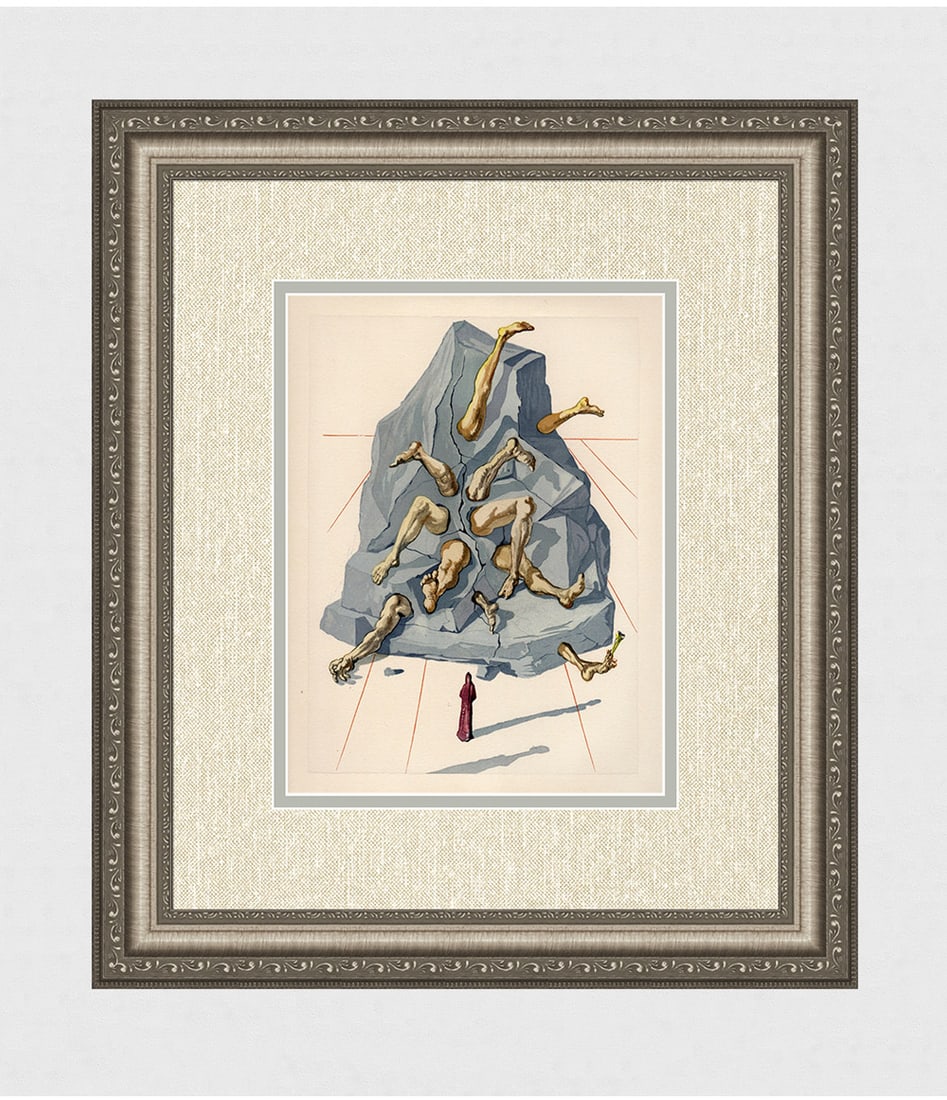 1960 Salvador Dali Simonists Authentic Woodcut: Salvador Dali. (1904-1989). "The Simonists" Enferno Canto 19. Authentic Original Color Woodcut from The Divine Comedy Printed in 1960 on B.F.K. Rives Paper ( this is not a reproduction, copy, or repri