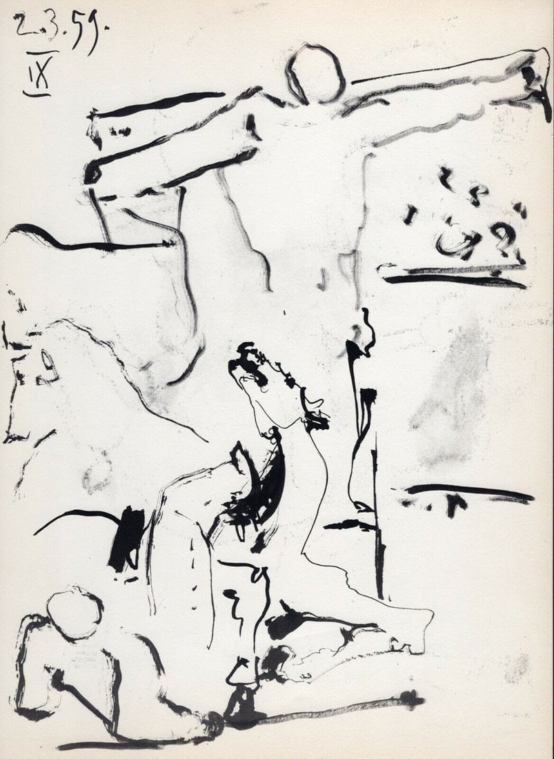 PABLO PICASSO 1961 Vintage Lithograph Picador y Toro FRAMED: Pablo Picasso (1881 - 1973). Picador off his Horse IX (Picador de su Caballo). Black and white offset lithograph, on Arches paper, after the original sketch. Atelier: Mourlot. Year: 1961. Signature/Da
