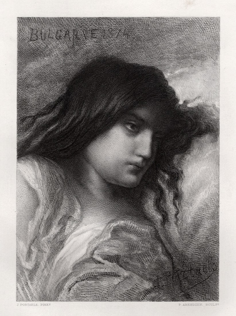 1800s Jean-Francois Portaels Engraving BULGARIA Framed Signed: Jean-Francois Portaels (Jan Portaels) (Belgian, 1818 - 1895). Bulgari. Antique engraving on wove paper after original oil on canvas by master engraver Petrus Johannes Arendzen (British, 1846-1932). Si