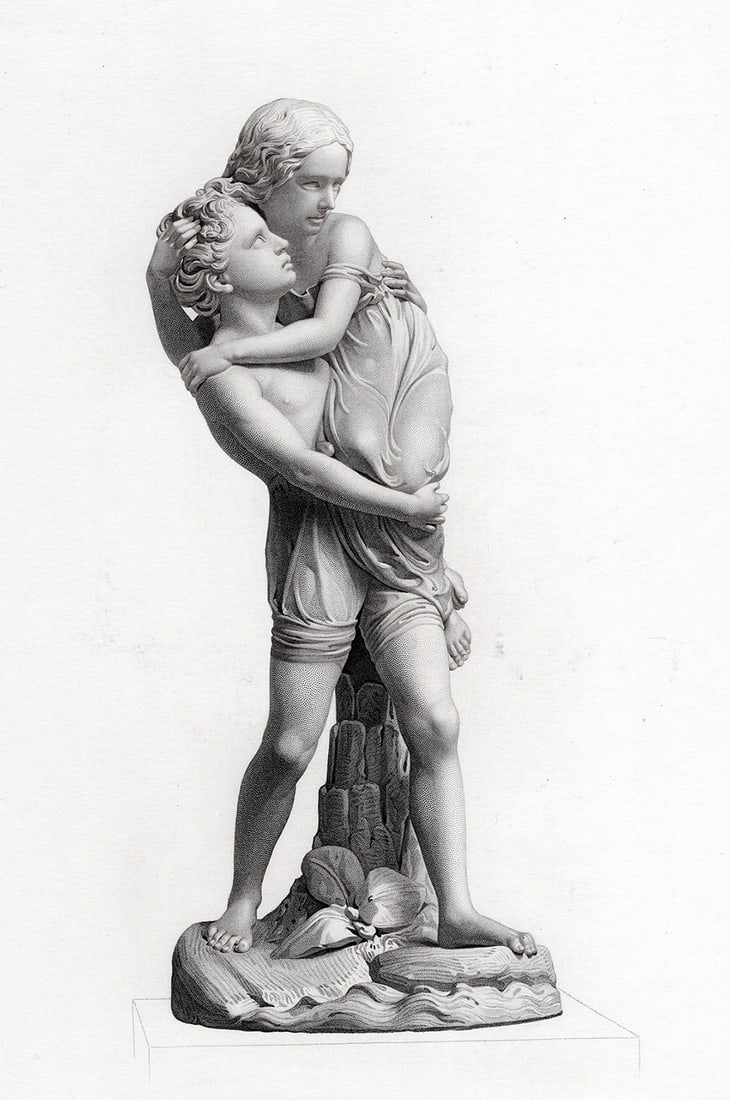 William Calder 1800s Marshall Engraving "Paul and Virginia" FRAMED: William Calder Marshall RA (Scottish, 1813 - 1894). Paul and Virginia. Antique engraving on wove paper after the original sculpture by master engraver Edwin Roffe (British, 1825-1891). Year: 1856. Ima