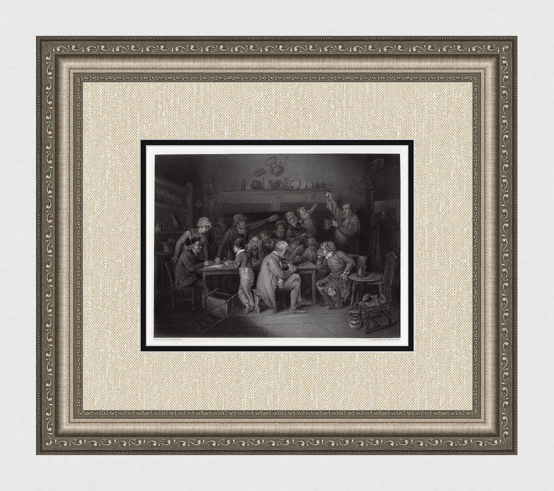 1852 Edward Bird The Raffle for the Watch engraving signed: Edward Bird. (English, 1772 - 1819). The Raffle for the Watch. Antique engraving on wove paper after the original oil paint on oak by master engraver George Greatbach (British, 1819 - 1884). 1852. Sig