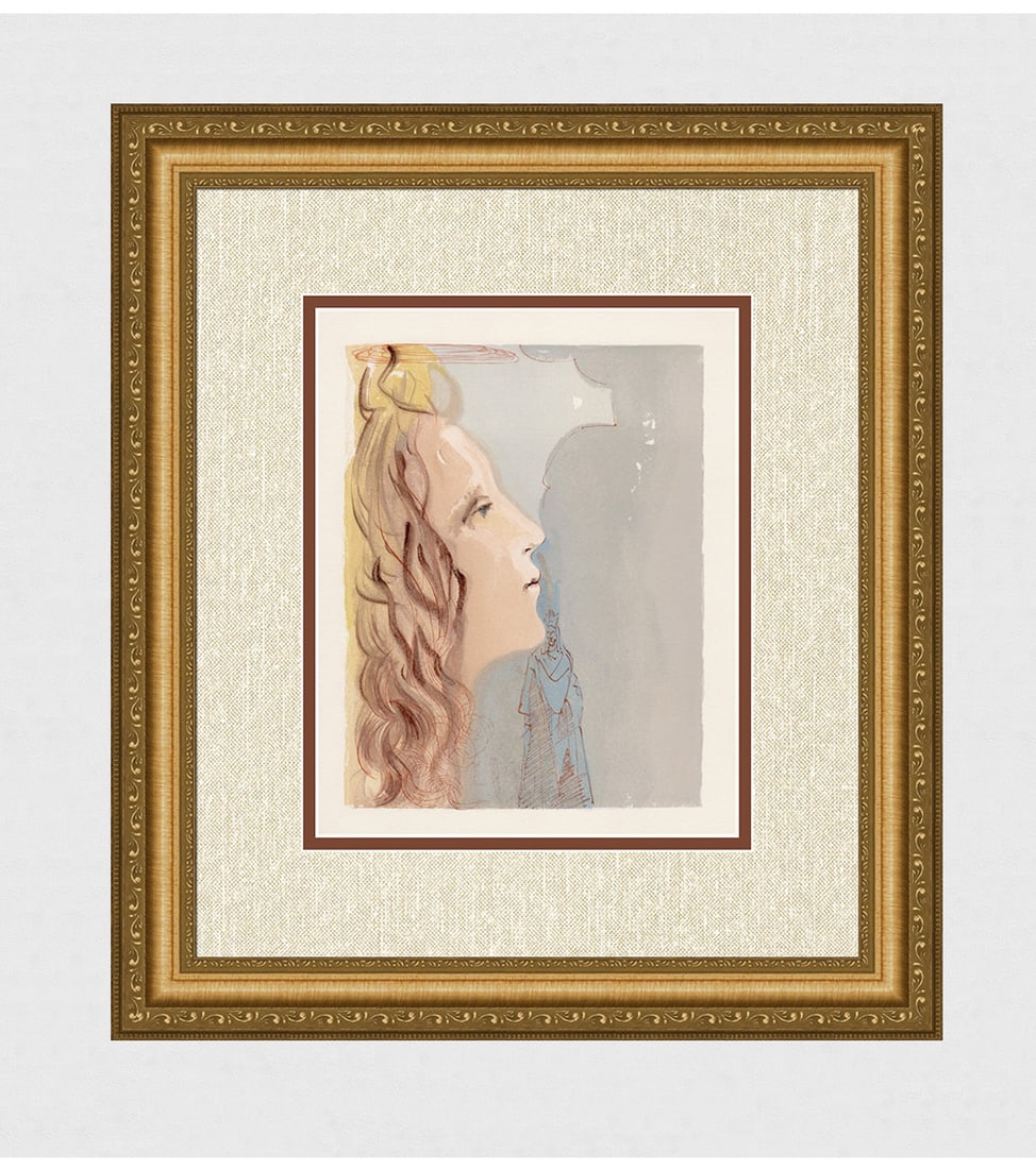 1960 Salvador Dali Beauty Authentic Woodcut: Salvador Dali. (1904-1989). "The Highest Beauty of Beatrice" Paradise Canto 8. Authentic Original Color Woodcut from The Divine Comedy Printed in 1960 on B.F.K. Rives Paper ( this is not a