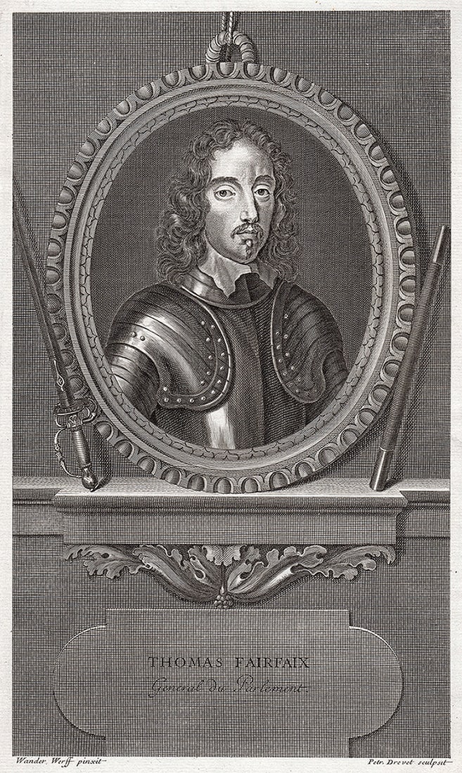 Adriaen van der Werff 1697 Engraving Thomas Fairfax Framed: Adriaen van der Werff (1659 - 1722). Portrait of Thomas Fairfax. Antique engraving on wove paper after the original by master engraver Pierre Drevet (French, Loire-sur-Rh?ne 1663-1738 Paris). Year: