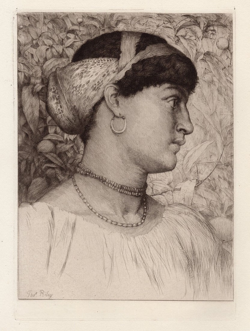 Thomas Riley Roxana etching signed: Thomas Riley. (British, 1856 - 1892). Roxana. Original etching on thick laid paper. 1882. Signed in the plate, lower left. Excellent. Image size 7 3/8 x 10 1/4 inches. Approximately 16 x 19 inches. Th