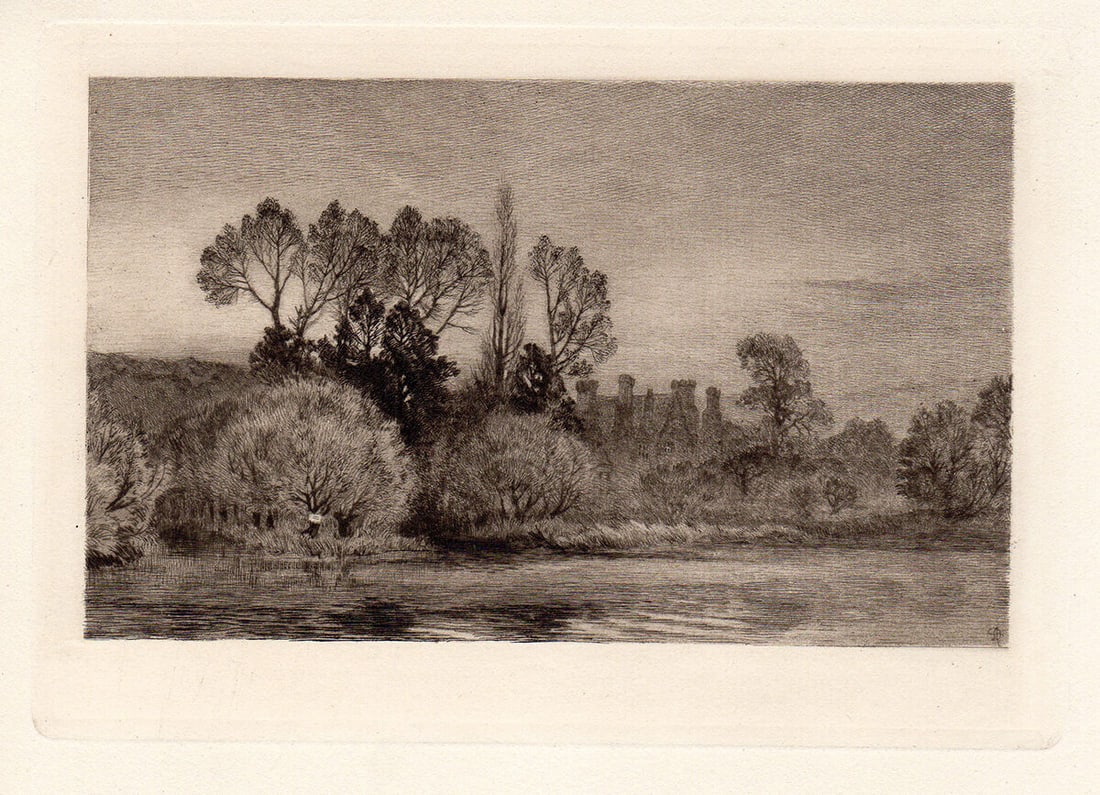 Alfred Dawson Mapledurham etching signed: Alfred Dawson. (British, 1843-1931). "Mapledurham". Antique copper plate etching on thick laid paper. 1884. Signed in the plate. Excellent. Image size 5 x 7 1/8 inches. Approximately 14 x16 inches.