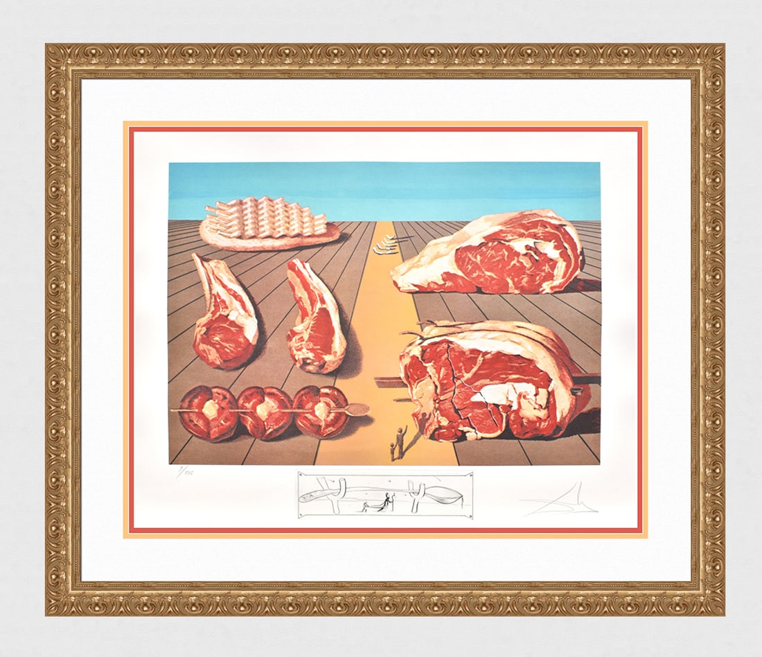 Salvador Dali Lithograph Diners of Gala Signed Numbered Limited Framed: Salvador Dali. Les Entre-Plats Sodamises (Sodomized Entrees)(From Les Diners de Gala). Offset Lithograph in colors with Original Etched Remarque (Spoon on Crutches) lower center, on watermarked BFK Ri