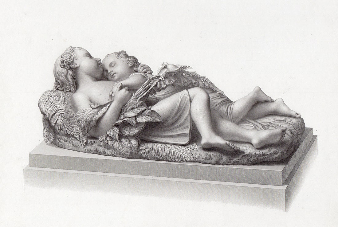 John Bell The Children in the Wood 1853 engraving: John Bell. (British, 1811-1895). The Children in the Wood. Antique engraving on wove paper after the original group in marble by master engraver William Roffe (active 1820-1890). 1853. Excellent.