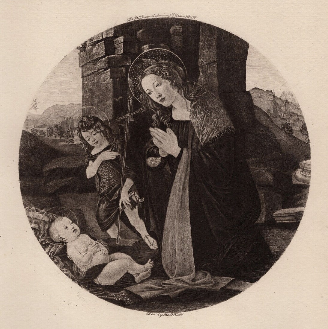 BOTTICELLI Antique Etching MADONNA & CHILD Framed Signed: Sandro Botticelli (Alessandro di Mariano di Vanni Filipepi) (Italian, 1445-1510). Madonna and Child with Saint John the Baptist. Antique etching after the original by master etcher Fred Huth (19th