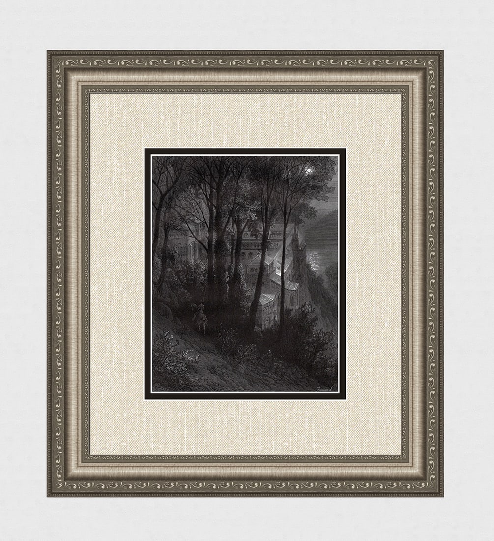 Gustave DORE SIGNED 1800s Orland Furioso Woodcut RinaldoTravels FRAMED: Gustave Dore(Paul Gustave Louis Christophe Dore)(French, 1832-1883). Rinaldo, traveling through a great forest in Scotland, approaches an abbey. (From Orland Furioso). Antique woodcut on wove paper