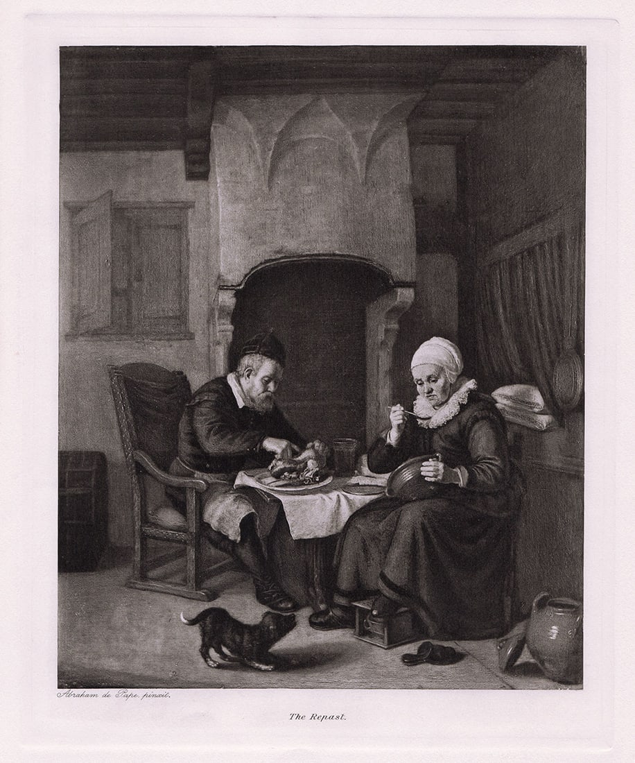Abraham de Pape The Repast print signed: Abraham de Pape. (Abraham Isaacksz. de Pape) (Dutch, c. 1620-1666). The Repast. Antique heliogravure on wove paper after the original by a Master Engraver. 1893. Signed in the plate. Excellent. Image 