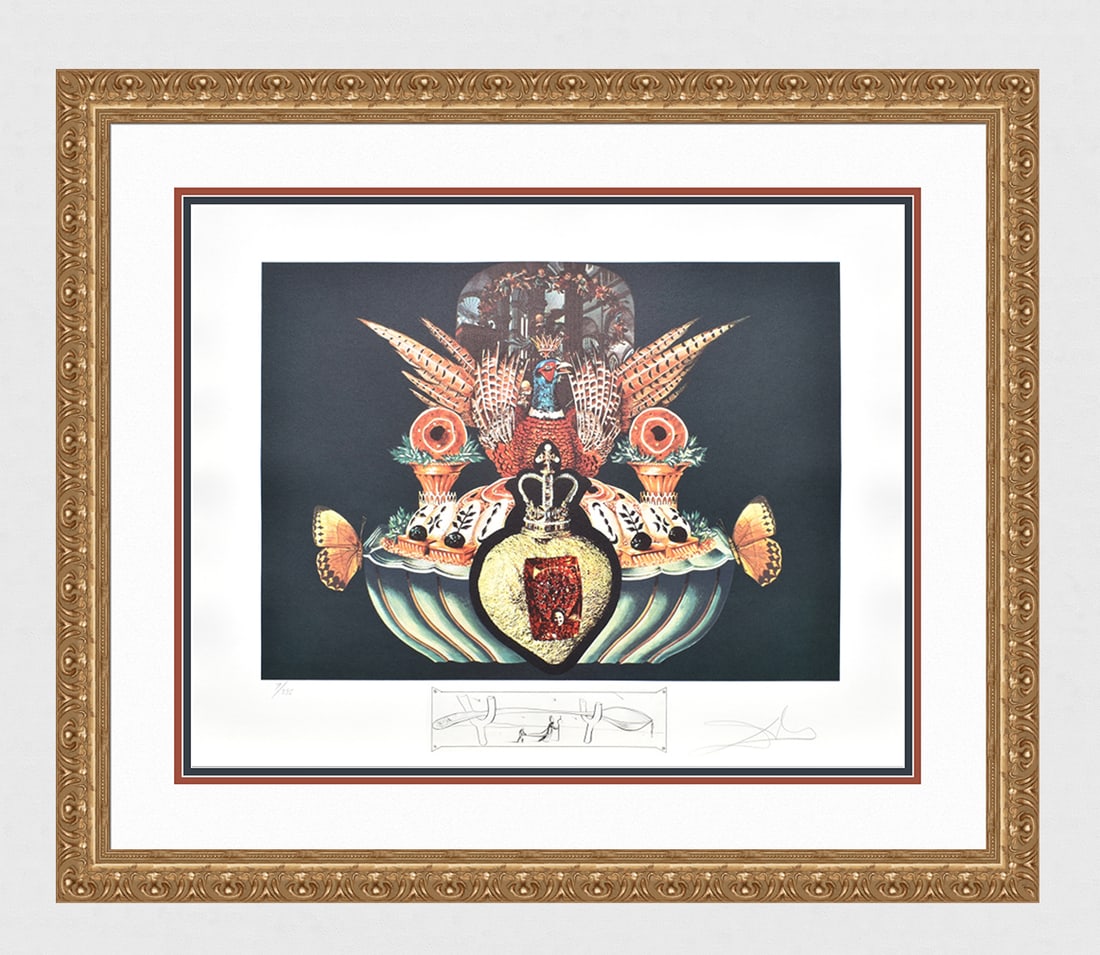 Salvador Dali Lithograph Diners of Gala Signed Numbered Limited Framed: Salvador Dali. Les Chairs Monarchiques (Monarchical Flesh Tones)(From Les Diners de Gala). Offset Lithograph in colors with Original Etched Remarque (Spoon on Crutches) lower center, on watermarked BF