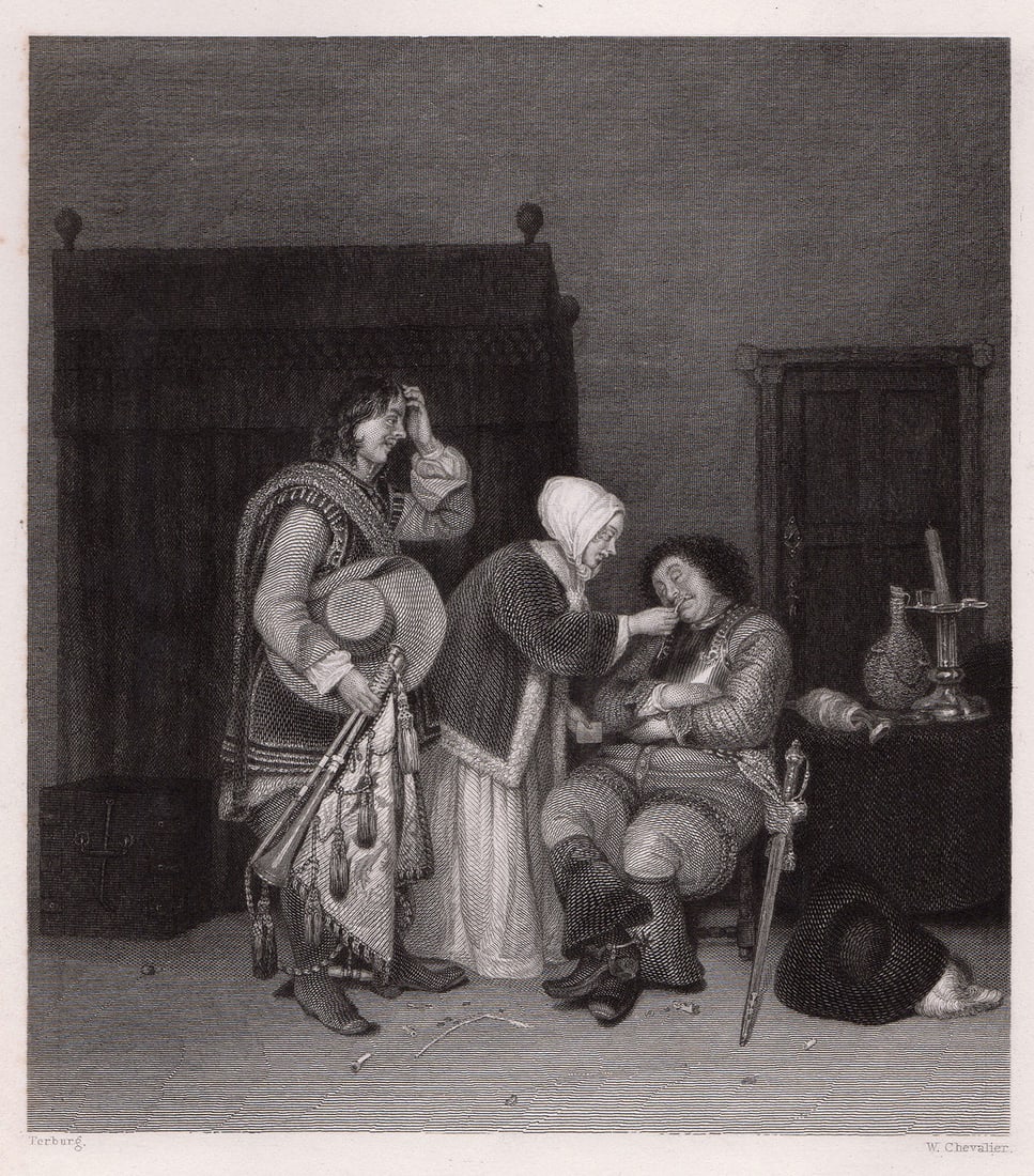 1834 Gerard ter Borch The Trumpeter engraving signed: Gerard ter Borch. (Gerard Terburg (Dutch, 1617-1681). The Trumpeter. Antique steel engraving on wove paper after the original by master engraver W. Chevalier. 1834. Signed in the plate. Excellent. Ima