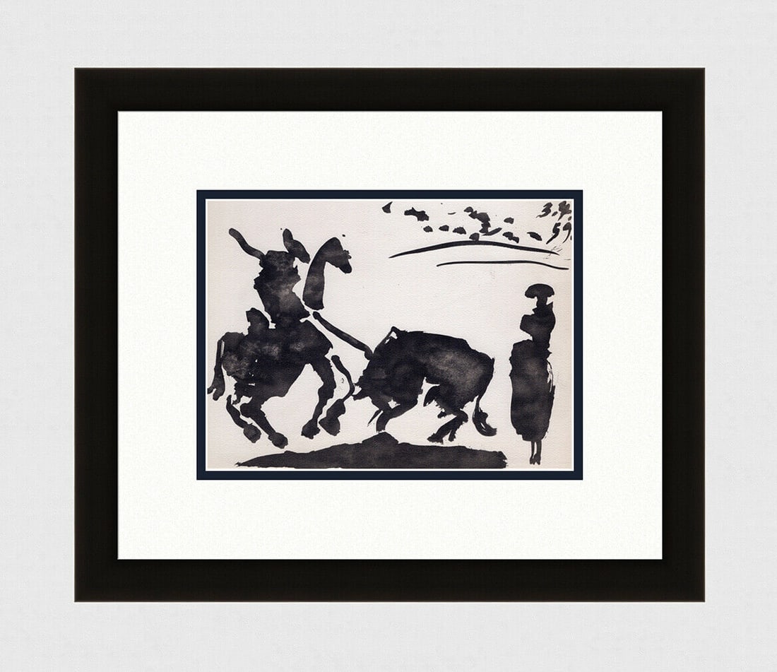 PABLO PICASSO 1961 Vintage Lithograph Action in the Bullring FRAMED: Pablo Picasso (1881 - 1973). Action in the Bullring (Accion en la Plaza de Toros). Black and white offset lithograph, on Arches paper, after the original sketch. Atelier: Mourlot. Year: 1961. Signatur