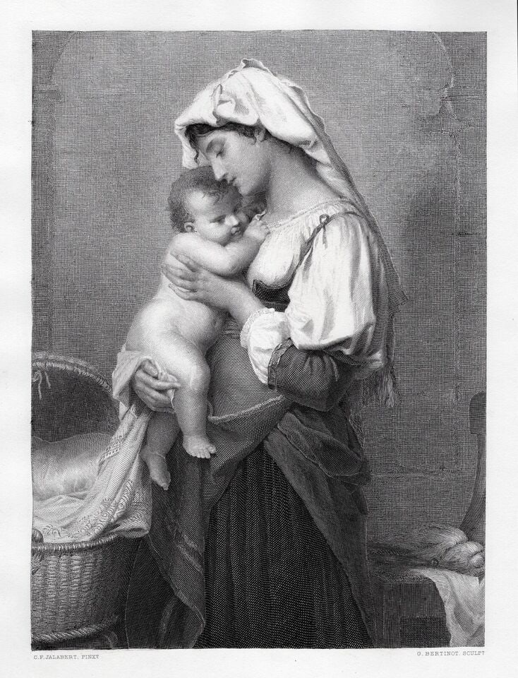 1800s Charles Francois Jalabert Engraving Le Reveil FRAMED SIGNED: Charles Francois Jalabert (French, 1819 - 1901). The First Hope (Le Reveil) (The Awakening). Antique engraving on wove paper after the oil on canvas master engraver Gustave Nicolas Bertinot (French, 1