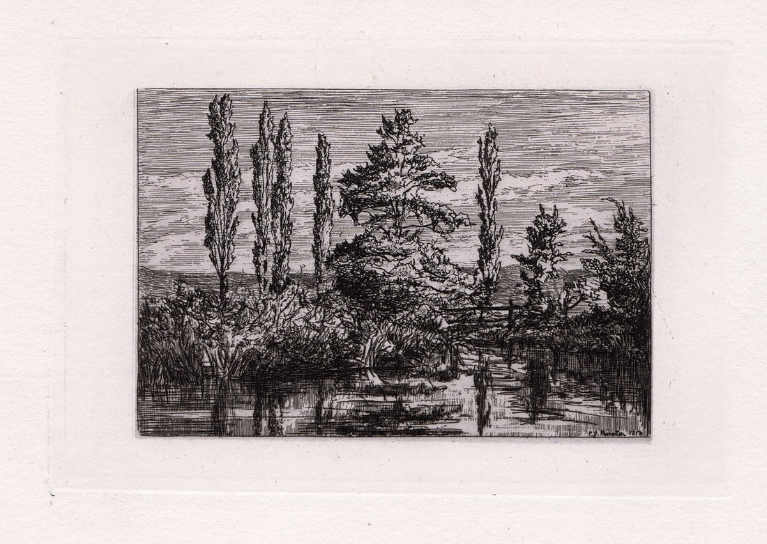Philip Gilbert Hamerton Poplars and Oak 1874 etching: Philip Gilbert Hamerton. (English, 1834-1894). Poplars and Oak. Original etching on laid paper.Etching. 1874. Signed in the plate, lower right. Excellent. Image Size 4 x 5 7/8 inches. Framed dimension