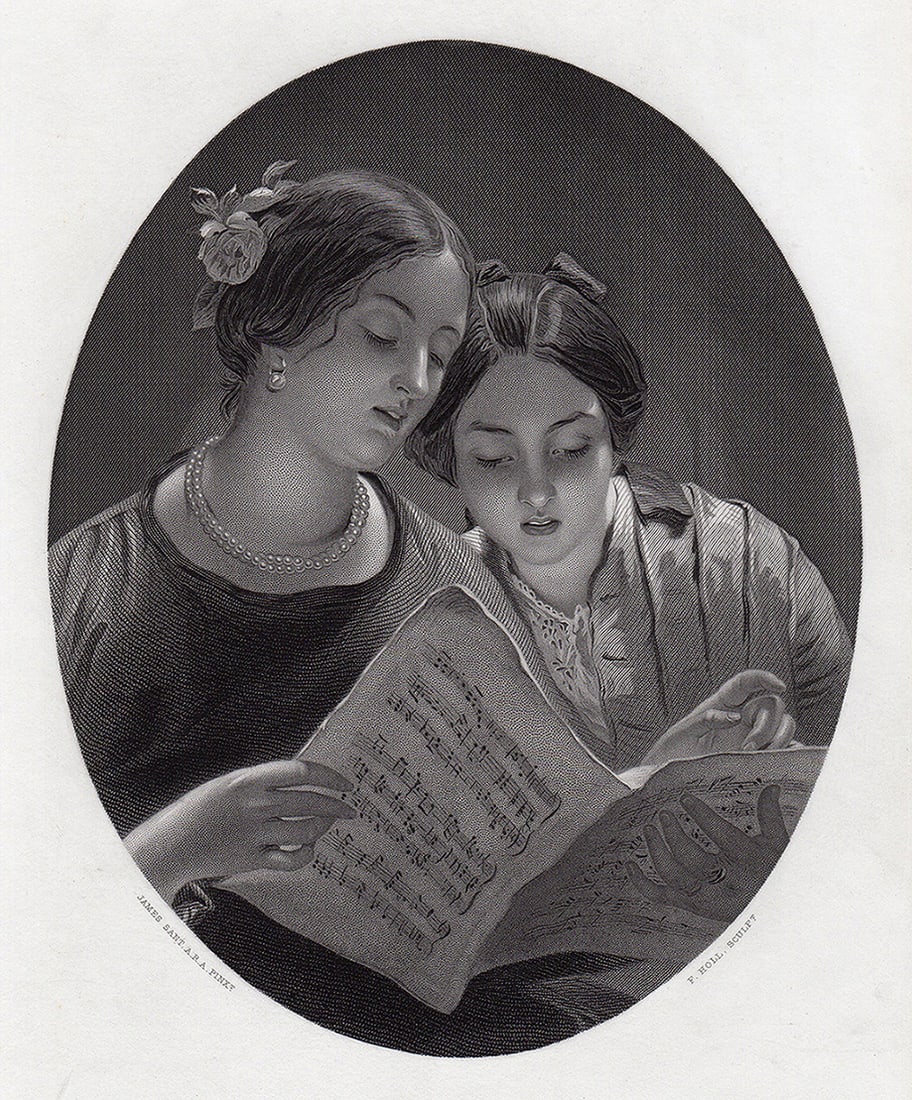 1800s James Sant "Singing a Beautiful Duet" Engraving Signed Framed: James Sant (British, 1820-1916). The Duet. Antique engraving on wove paper after the original oil on canvas by master engraver Francis Holl (English, 1815 - 1884). Signed in the plate. Year: 1862. Ima