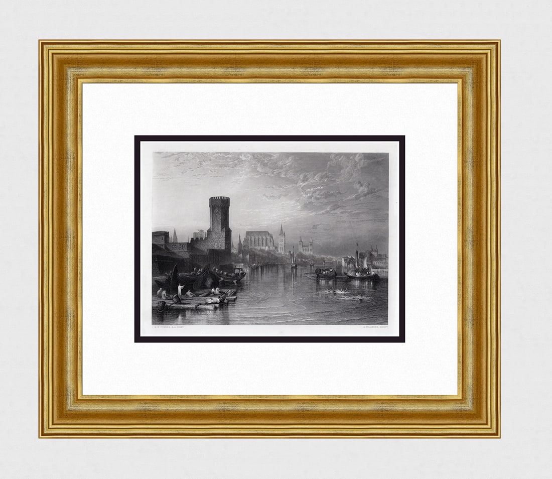 William Turner 1800s Engraving River Scene with Boats Framed Signed: Joseph Mallord William Turner (English, 1775-1851). Cologne From The River. Antique engraving on wove paper after the original by master engraver Arthur Willmore (British,1814-1888). Year: 1878. Signe