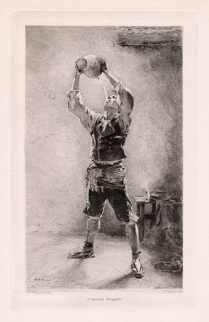 William Turner Dannat 1893 etching A Spanish Smuggler signed: William Turner Dannat. (American, 1853-1929). A Spanish Smuggler. Antique Etching on wove paper after the original oil on canvas by master etcher Charles Henri Toussaint (French, 1849-1911). 1893. Sig