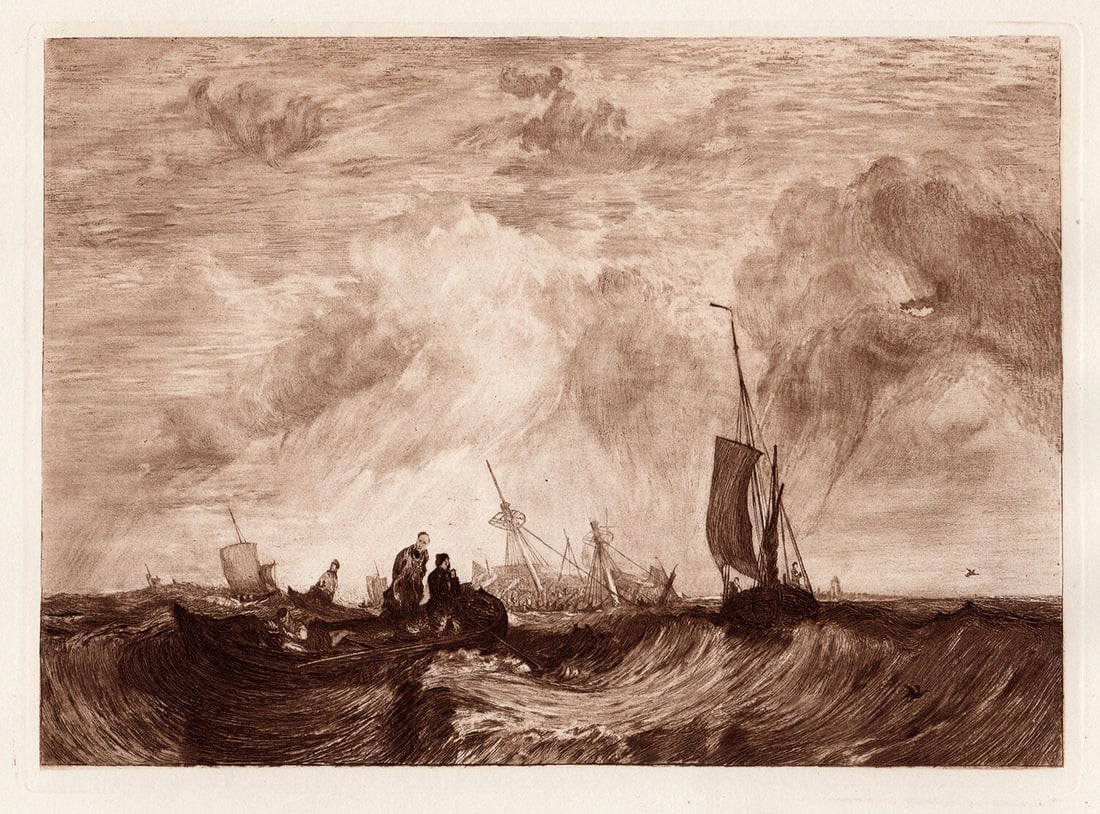 Joseph Mallord William Turner Entrance to the Meuse 1889 etching: Joseph Mallord William Turner. (English, 1755-1857). Entrance to the Meuse. Copper plate etching on thick laid paper after the original oil on canvas by master etcher FRANK SHORT (Francis Job "Frank" 