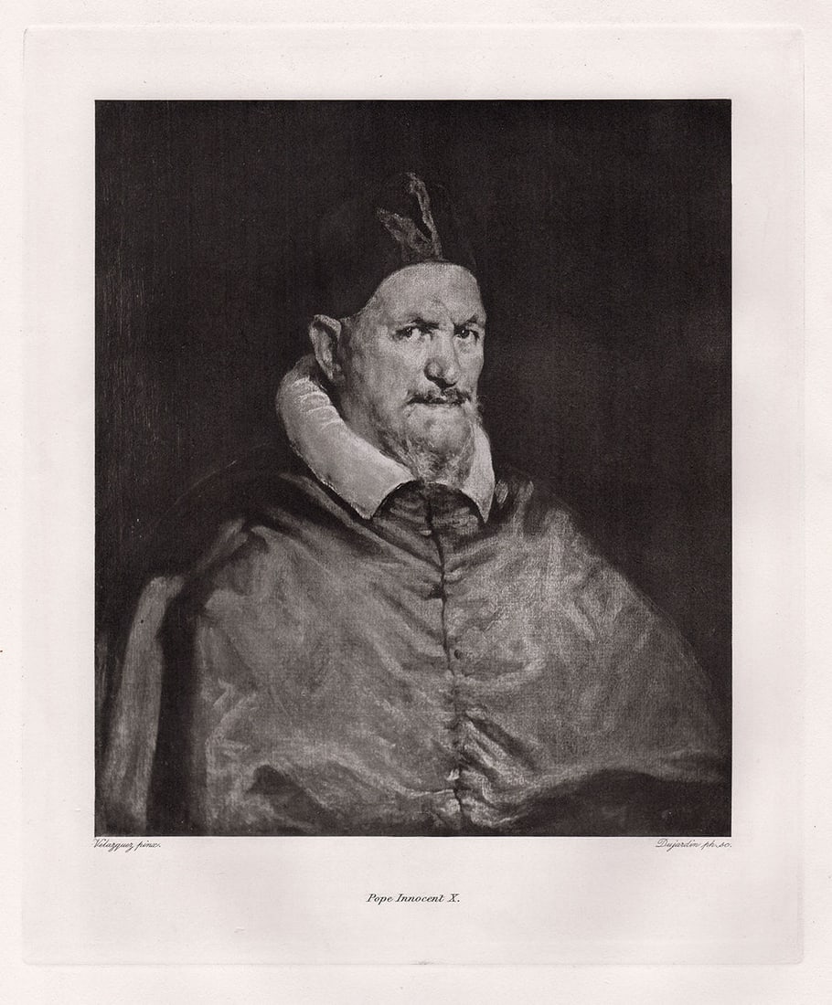 Diego Velazquez Pope Innocent X print signed: Diego Velazquez. (Velaquez) (Diego Rodriguez de Silva y Velazquez) (Spanish, baptized 1599-1660). Pope Innocent X. Antique Heliogravure on wove paper after the original oil on canvas by Master Engrave