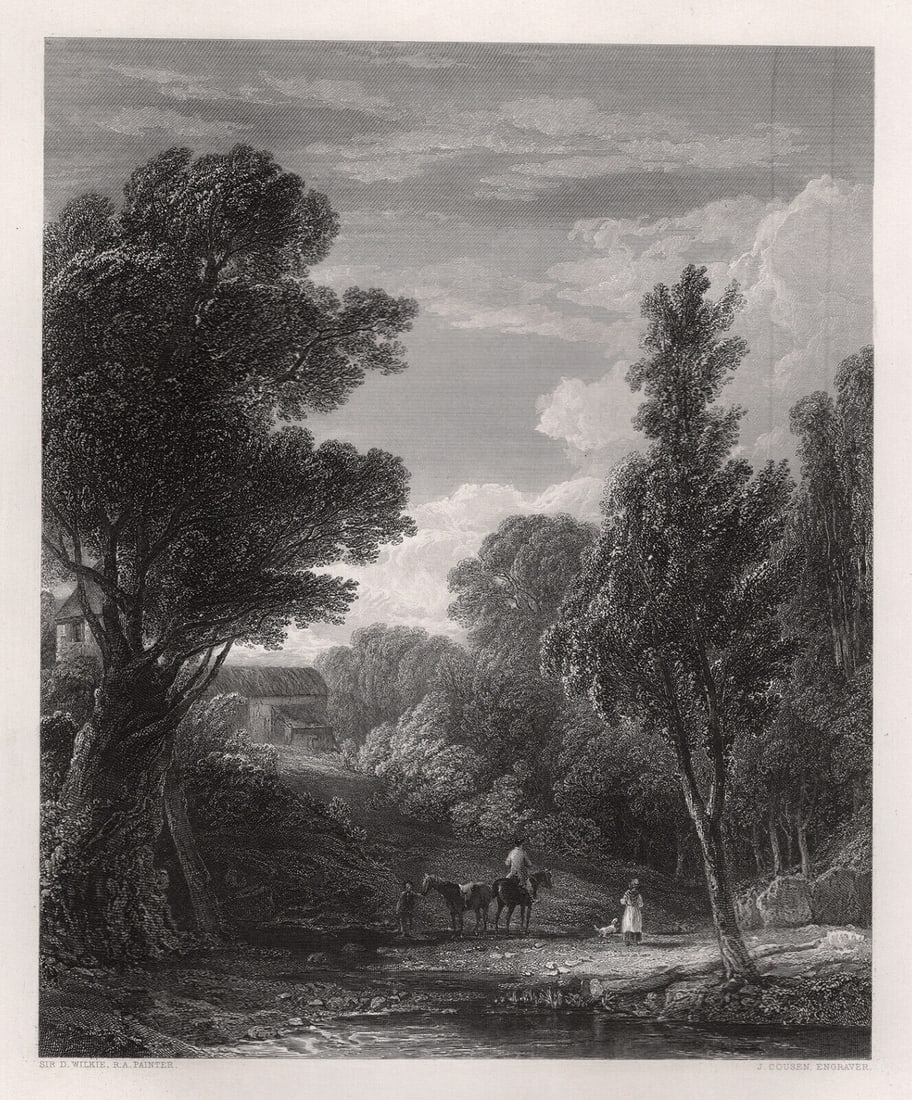 1800s DAVID WILKIE SIGNED Engraving Landscape with Men on Horseback FRAMED: Sir David Wilkie (Scottish, 1785-1841). A Woodland View. Antique engraving on wove paper after the original by master engraver John Cousen (British, 1804-1880). Year: 1853. Signed in the plate. Image 