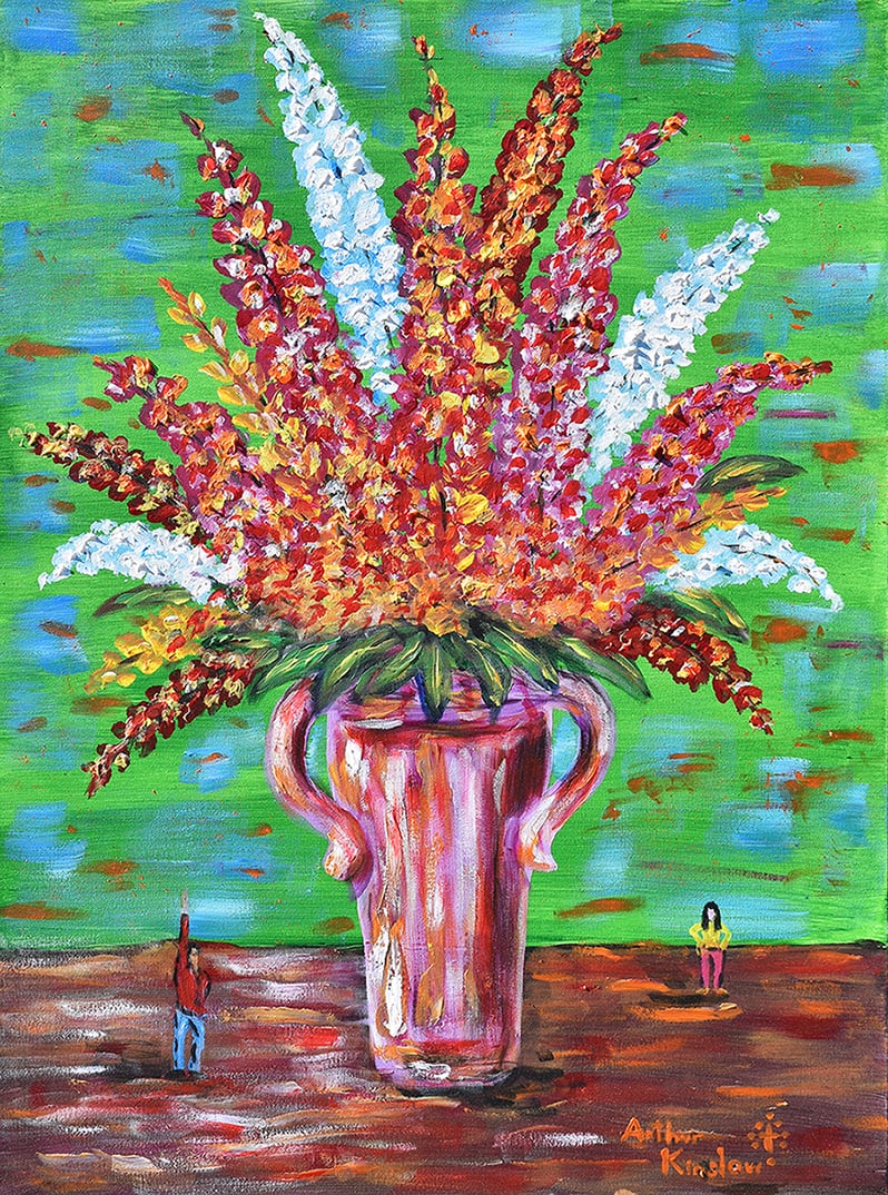 Arthur Kinslow Large Original Painting Snapdragons 30 x 40 Inches: Arthur Kinslow ( American, 1955 - ) Snapdragons. Original Acrylic on Canvas.Signed by the artist lower center. Canvas Size 30 x 40 inches. Arthur Kinslow has been involved in art his entire life and b