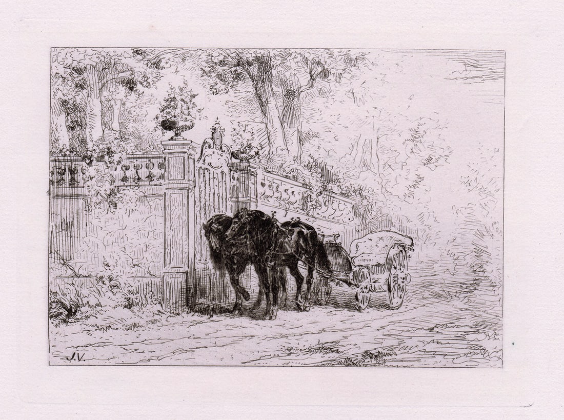 1872 Jules Jacques Veyrassat Ponies etching signed: Jules Jacques Veyrassat. (French, 1828 - 1893). Ponies. Antique etching on thick laid paper. 1872. Signed in the plate, lower left. Excellent. Image size 4 1/4 x 5 3/4 inches. Approximately 13 x 14 in