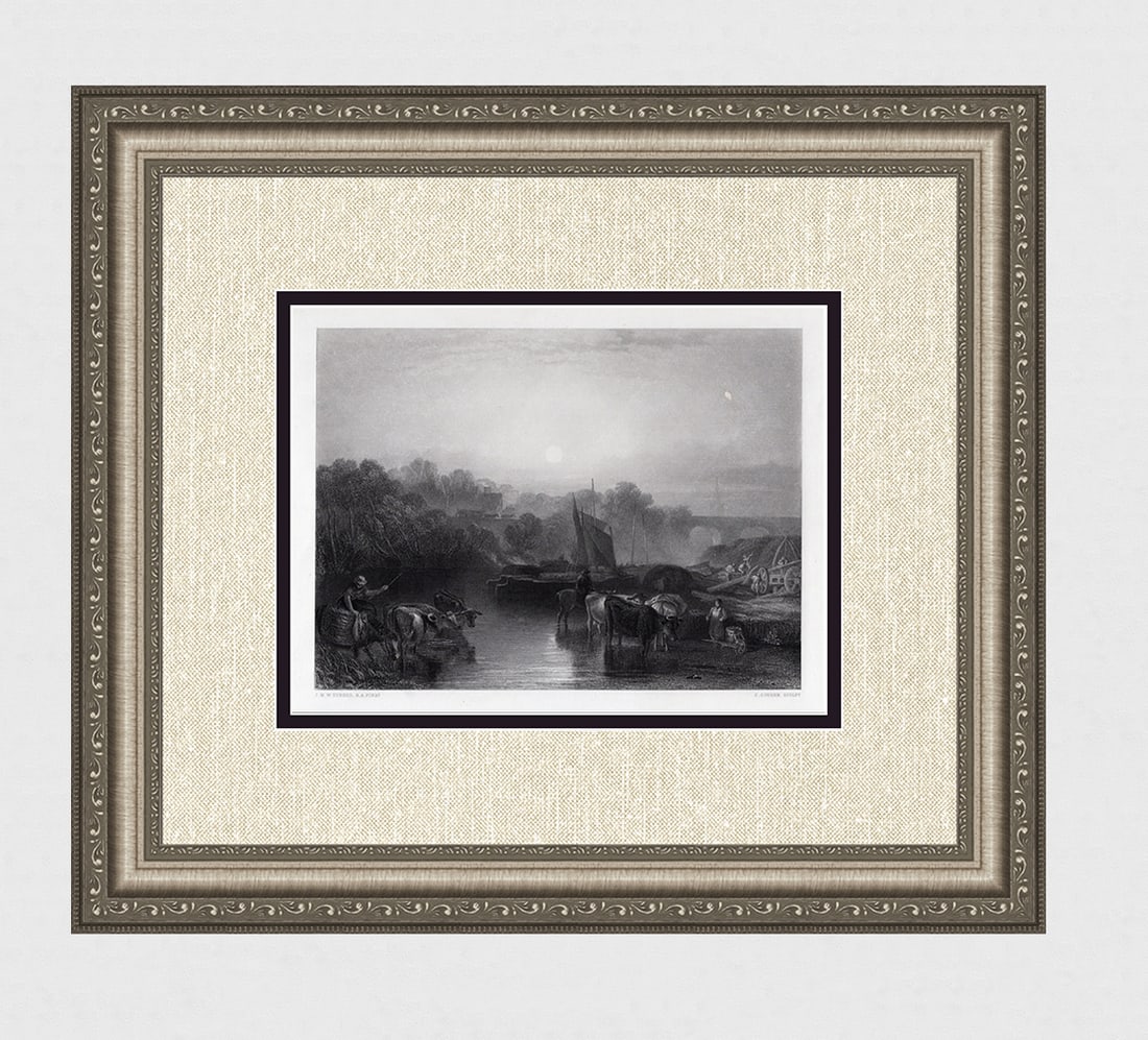 1800s JMW TURNER Engraving Abingdon, Berkshire Framed SIGNED: Joseph Mallord William Turner (English, 1775-1851). Abingdon, Berkshire. Antique engraving on wove paper after the original by master engraver Charles Cousin (French, 1807-1887). Year: 1865. Signed in