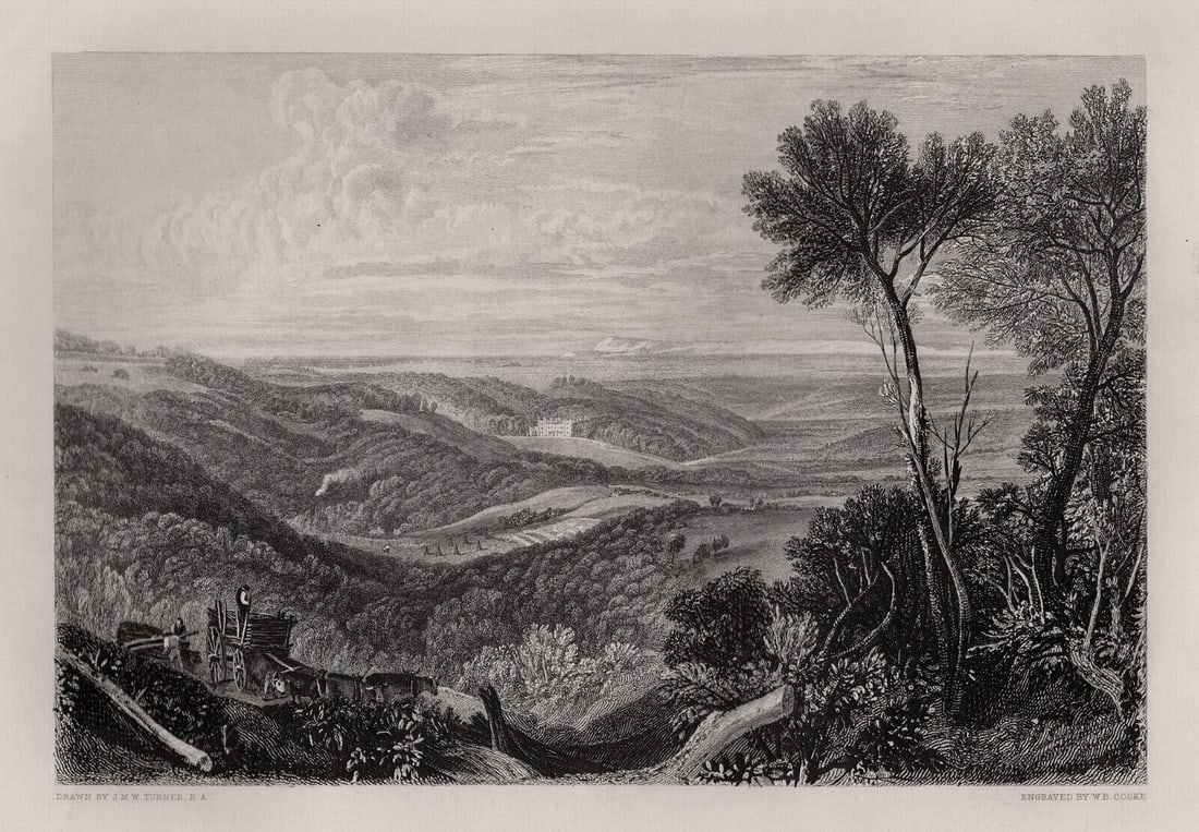 1800s WILLIAM TURNER Engraving Landscape with Figures FRAMED SIGNED: Joseph Mallord William Turner (English, 1775-1851).The Vale of Ashburnham. Antique engraving on wove paper after the original by master engraver William Bernard Cooke (British,1778-1855). Year: 1865. 