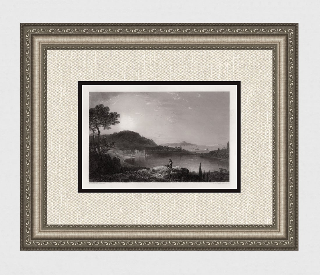 RICHARD WILSON 1800s Engraving Lago d'Averno Framed SIGNED: Richard Wilson (Welsh, 1713 - 1782). Lake Avernus. Antique engraving on wove paper after the original by master engraver Joseph Clayton Bentley (British, 1809-1851).Year: 1851. Signed in the plate. Im